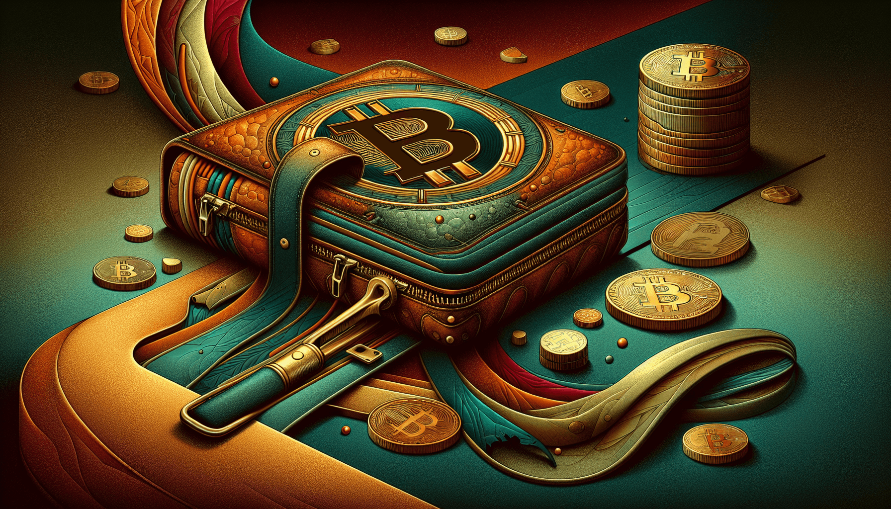 A stylized Bitcoin wallet with coins scattered