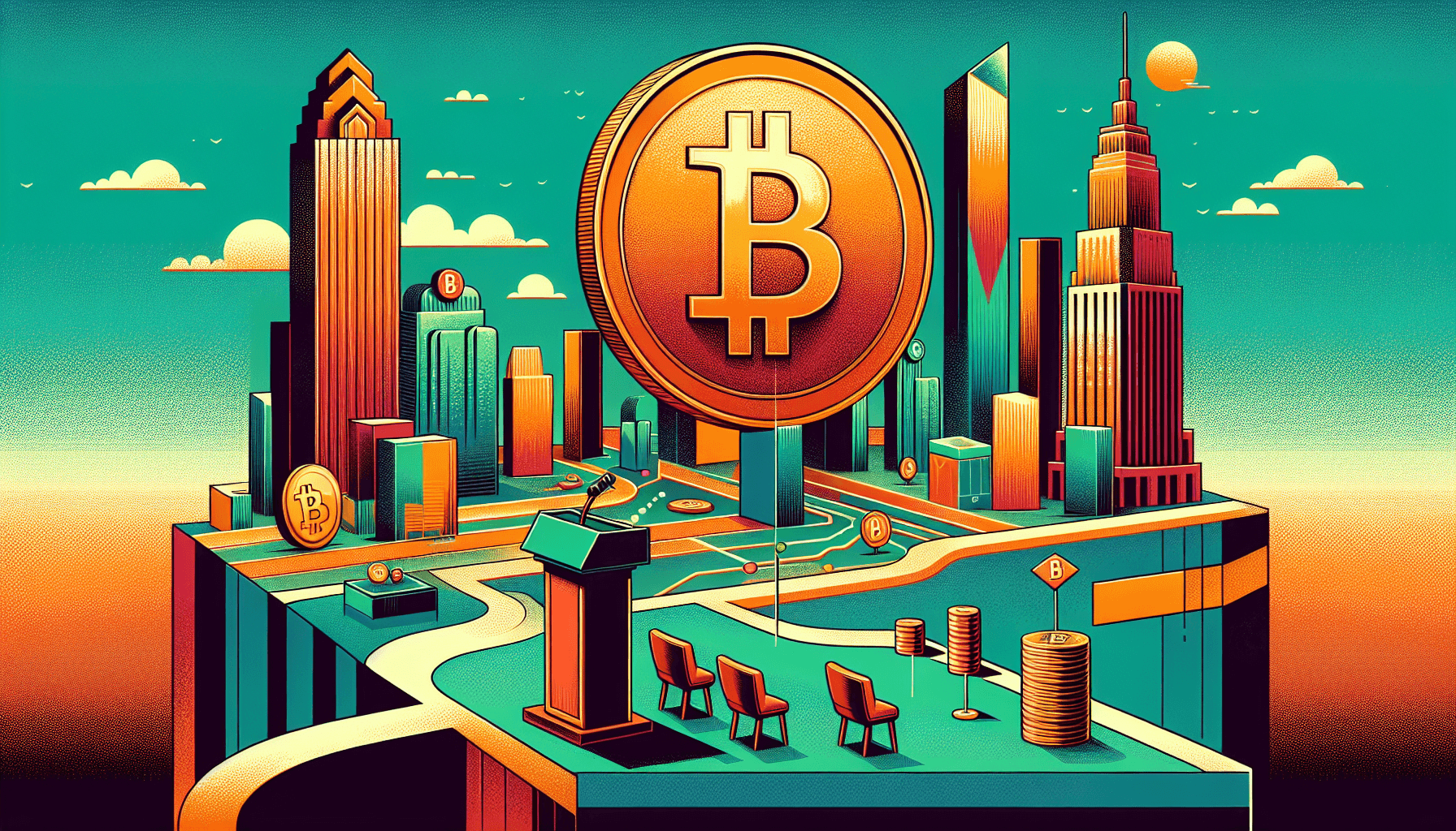 Colorful cityscape with large Bitcoin symbol and